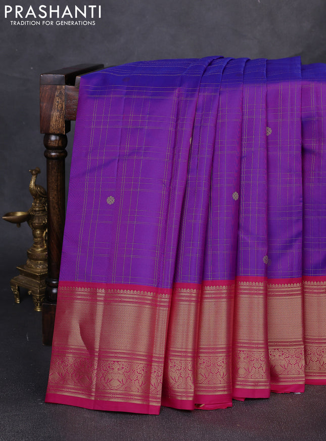 Pure kanchipuram silk saree purple and pink with allover zari checks & buttas and long zari woven border