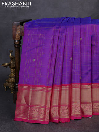 Pure kanchipuram silk saree purple and pink with allover zari checks & buttas and long zari woven border