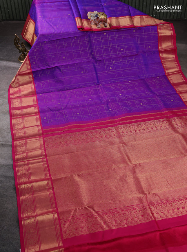 Pure kanchipuram silk saree purple and pink with allover zari checks & buttas and long zari woven border