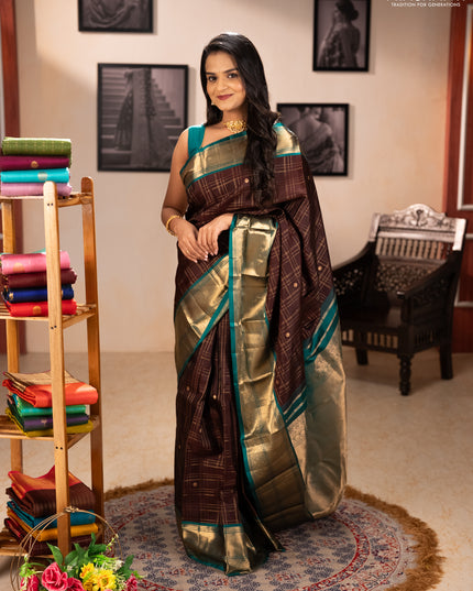 Pure kanchipuram silk saree coffee brown and green with allover zari checks & buttas and long zari woven border