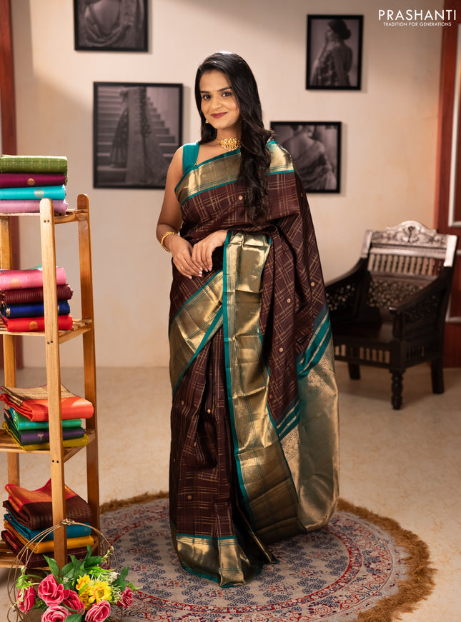 Pure kanchipuram silk saree coffee brown and green with allover zari checks & buttas and long zari woven border