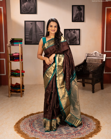 Pure kanchipuram silk saree coffee brown and green with allover zari checks & buttas and long zari woven border
