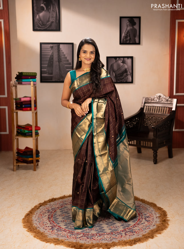 Pure kanchipuram silk saree coffee brown and green with allover zari checks & buttas and long zari woven border