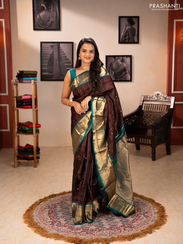 Pure kanchipuram silk saree coffee brown and green with allover zari checks & buttas and long zari woven border