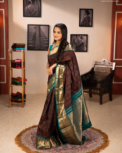 Pure kanchipuram silk saree coffee brown and green with allover zari checks & buttas and long zari woven border