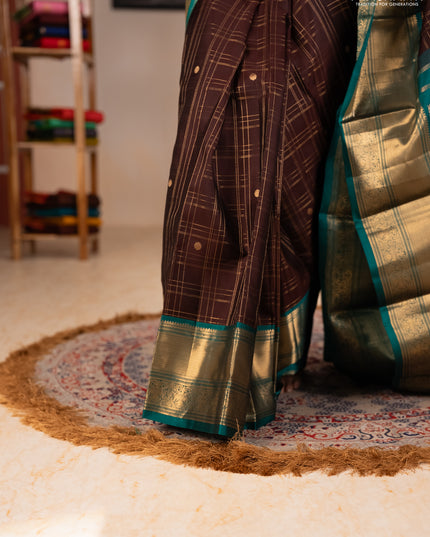 Pure kanchipuram silk saree coffee brown and green with allover zari checks & buttas and long zari woven border
