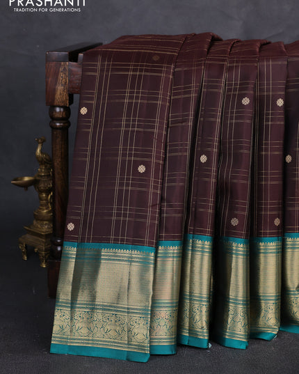 Pure kanchipuram silk saree coffee brown and green with allover zari checks & buttas and long zari woven border