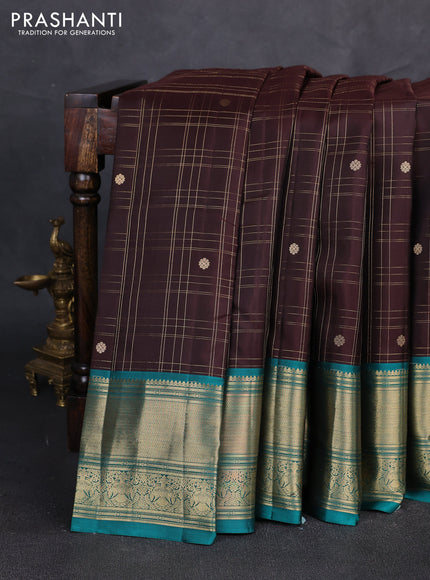 Pure kanchipuram silk saree coffee brown and green with allover zari checks & buttas and long zari woven border