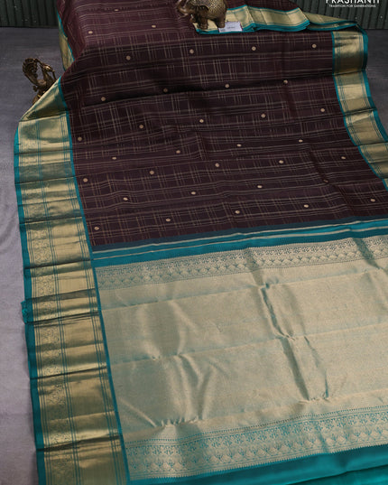 Pure kanchipuram silk saree coffee brown and green with allover zari checks & buttas and long zari woven border