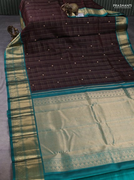 Pure kanchipuram silk saree coffee brown and green with allover zari checks & buttas and long zari woven border