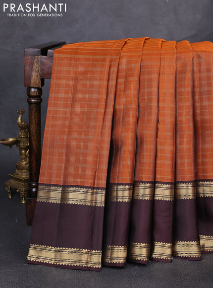 Pure kanchipuram silk saree rustic orange and coffee brown with allover zari checked pattern and rettapet zari woven border