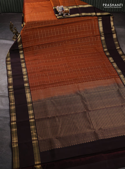 Pure kanchipuram silk saree rustic orange and coffee brown with allover zari checked pattern and rettapet zari woven border