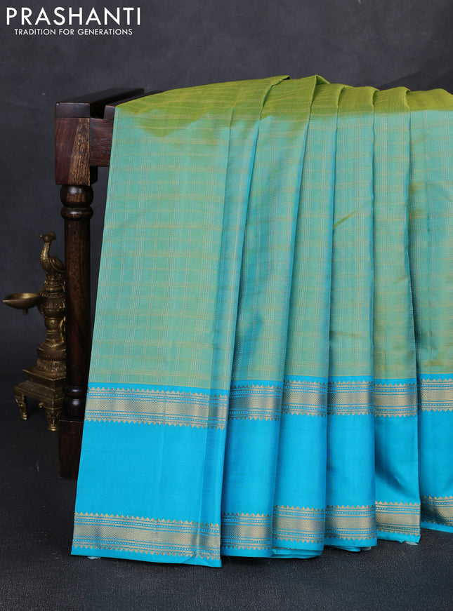 Pure kanchipuram silk saree teal green and teal blue with allover zari checks & buttas and rettapet zari woven border