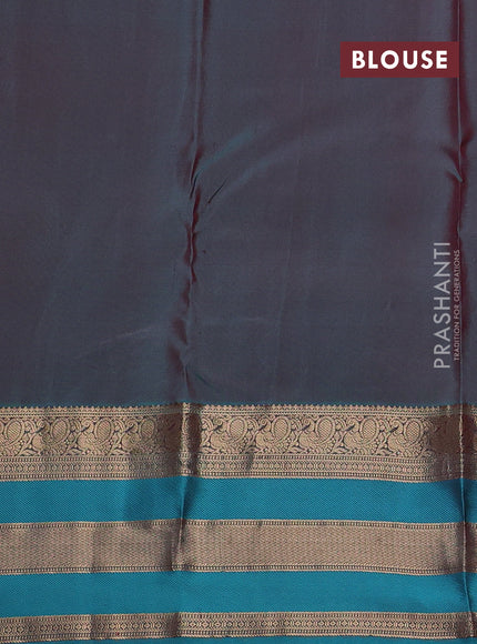 Pure kanchipuram silk saree peach pink and teal blue with allover zari weaves & buttas and long zari woven border