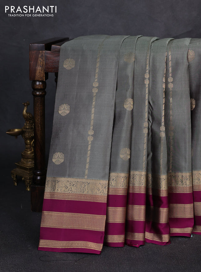 Pure kanchipuram silk saree grey and magenta pink with allover zari weaves & buttas and long zari woven border