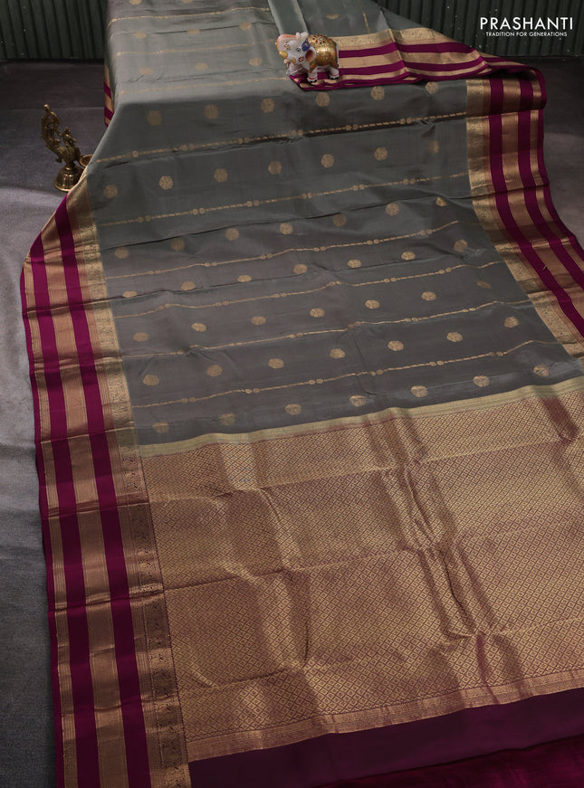 Pure kanchipuram silk saree grey and magenta pink with allover zari weaves & buttas and long zari woven border