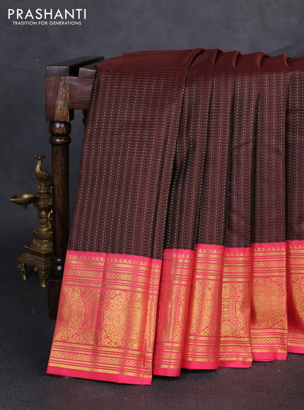 Pure kanchipuram silk saree coffee brown and peach pink with allover zari checks & buttas and long zari woven korvai border