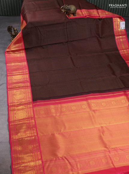 Pure kanchipuram silk saree coffee brown and peach pink with allover zari checks & buttas and long zari woven korvai border