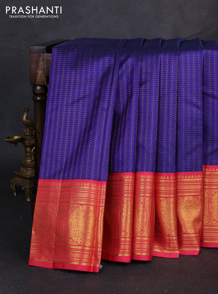 Pure kanchipuram silk saree blue and peach pink with allover zari checks & buttas and long zari woven korvai border