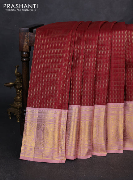 Pure kanchipuram silk saree deep maroon and pastel pink with allover zari checks & buttas and long zari woven korvai border