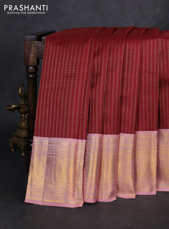 Pure kanchipuram silk saree deep maroon and pastel pink with allover zari checks & buttas and long zari woven korvai border