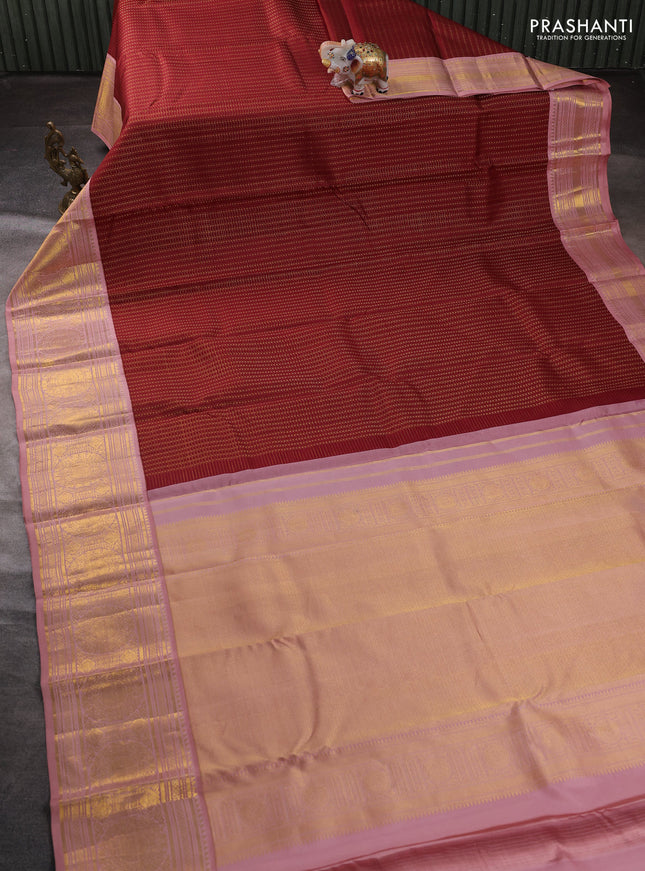 Pure kanchipuram silk saree deep maroon and pastel pink with allover zari checks & buttas and long zari woven korvai border