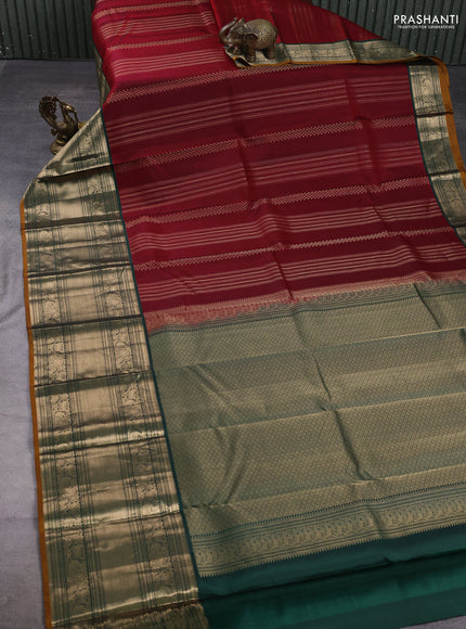 Pure kanchipuram silk saree maroon and green with allover zari weaves pattern and long zari woven korvai border