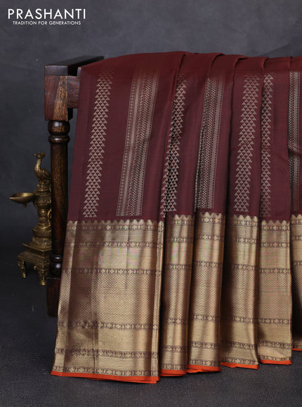 Pure kanchipuram silk saree coffee brown and rustic orange with allover zari weaves pattern and long zari woven border
