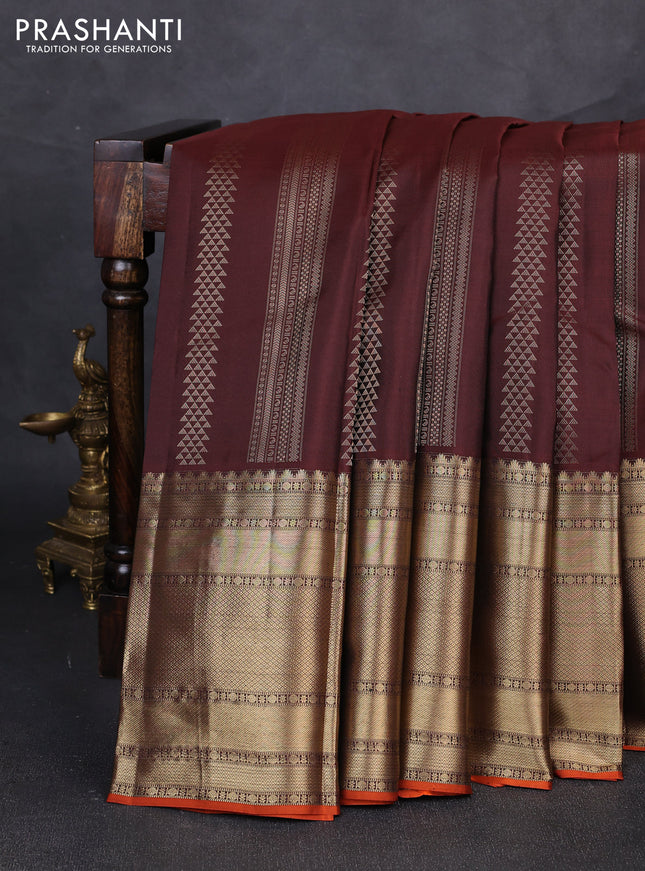 Pure kanchipuram silk saree coffee brown and rustic orange with allover zari weaves pattern and long zari woven border