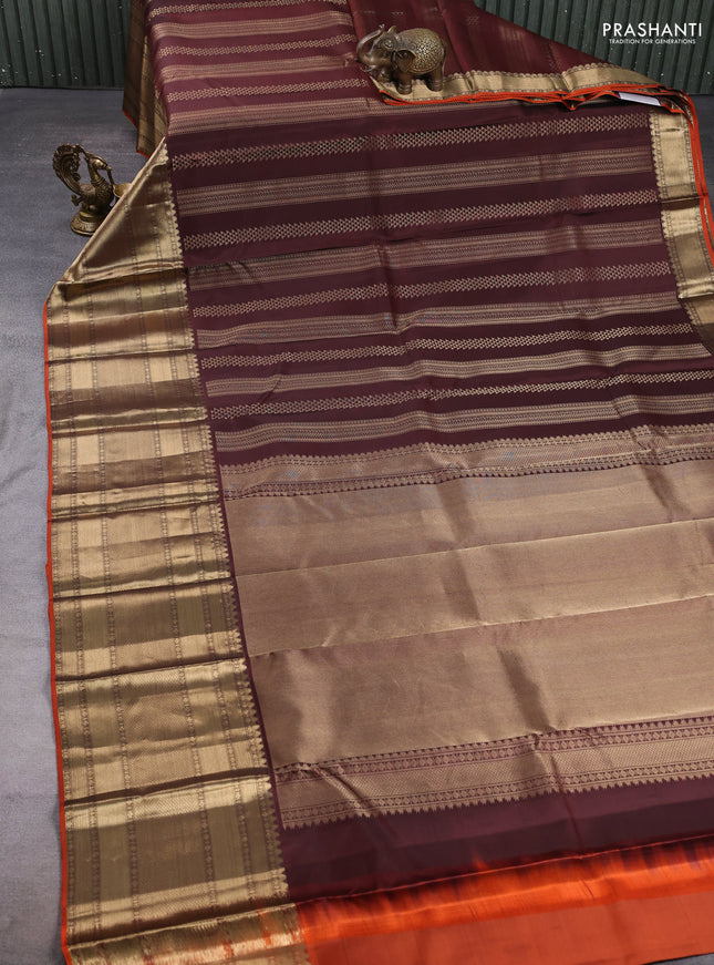 Pure kanchipuram silk saree coffee brown and rustic orange with allover zari weaves pattern and long zari woven border