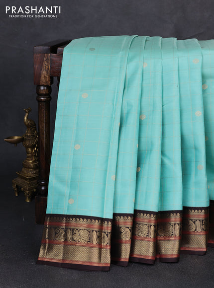 Pure kanchipuram silk saree teal blue and coffee brown with allover zari checks & buttas and zari woven korvai border