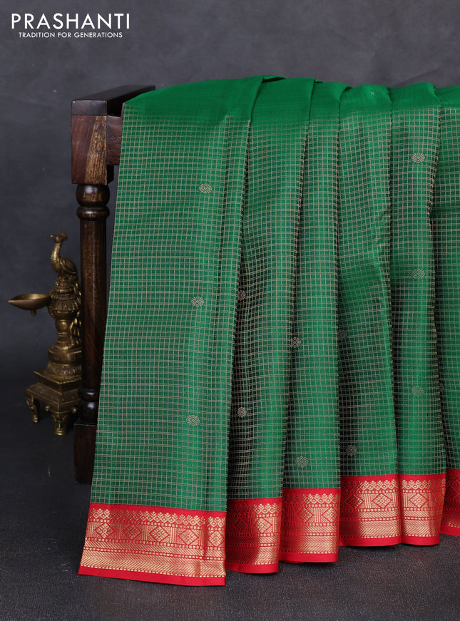 Pure kanchipuram silk saree green and red with allover small zari checked pattern and zari woven border