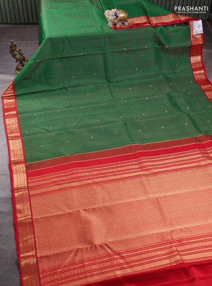 Pure kanchipuram silk saree green and red with allover small zari checked pattern and zari woven border