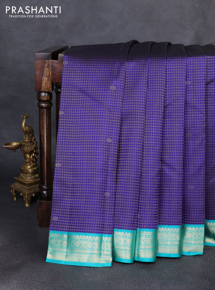 Pure kanchipuram silk saree blue and teal blue with allover small zari checked pattern and zaari woven korvai border