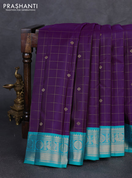 Pure kanchipuram silk saree purple and teal blue with allover zari checks & buttas and zari woven korvai border
