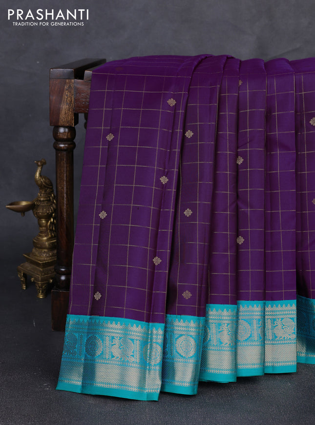 Pure kanchipuram silk saree purple and teal blue with allover zari checks & buttas and zari woven korvai border