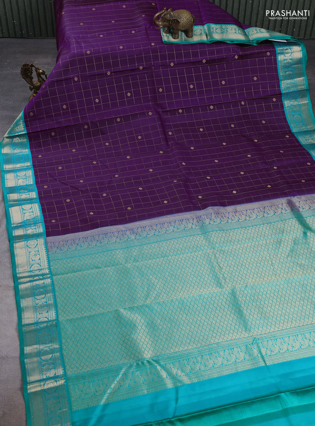 Pure kanchipuram silk saree purple and teal blue with allover zari checks & buttas and zari woven korvai border