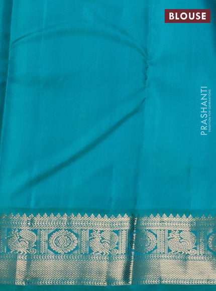 Pure kanchipuram silk saree purple and teal blue with allover zari checks & buttas and zari woven korvai border