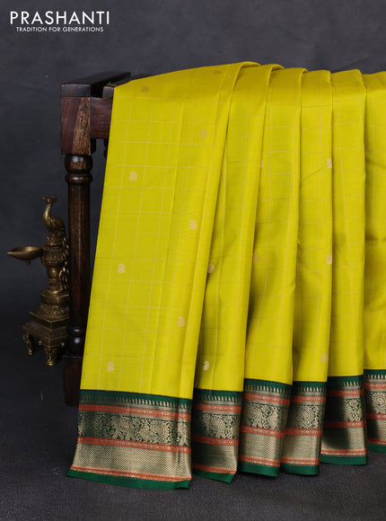 Pure kanchipuram silk saree lime green and green with allover zari checks & buttas and zari woven korvai border