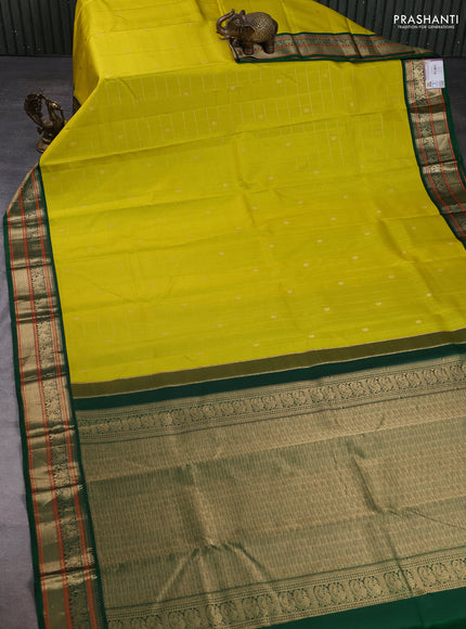 Pure kanchipuram silk saree lime green and green with allover zari checks & buttas and zari woven korvai border