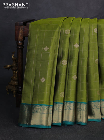 Pure kanchipuram silk saree light green and green with allover zari checks & buttas and zari woven korvai border