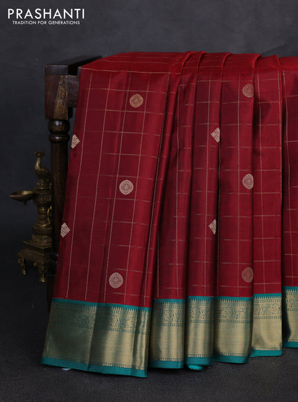 Pure kanchipuram silk saree maroon and green with allover zari checks & buttas and zari woven korvai border