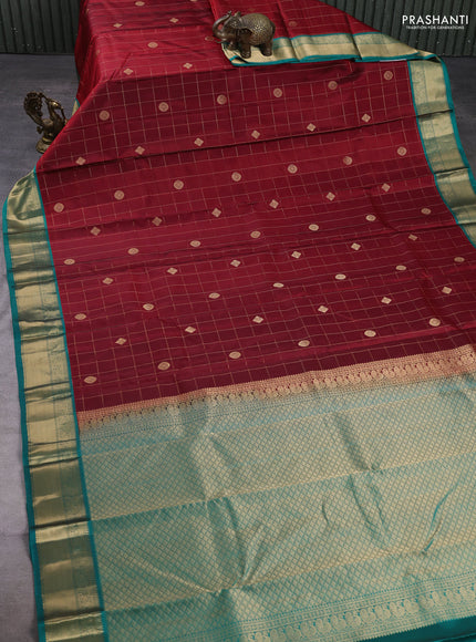Pure kanchipuram silk saree maroon and green with allover zari checks & buttas and zari woven korvai border