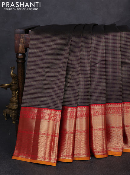 Pure kanchipuram silk saree jamun shade and red with allover zari checked pattern and long zari woven border