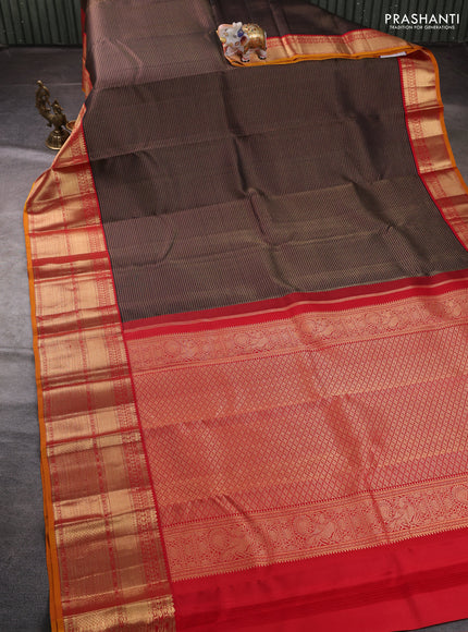 Pure kanchipuram silk saree jamun shade and red with allover zari checked pattern and long zari woven border