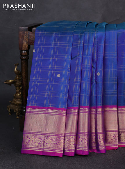Pure kanchipuram silk saree blue and pink with allover zari checks & buttas and zari woven border