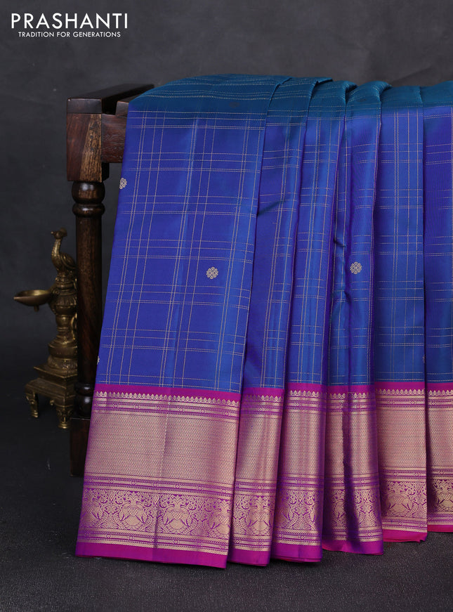 Pure kanchipuram silk saree blue and pink with allover zari checks & buttas and zari woven border
