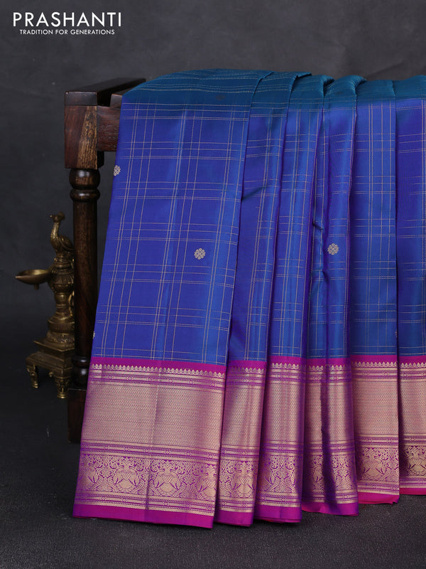 Pure kanchipuram silk saree blue and pink with allover zari checks & buttas and zari woven border