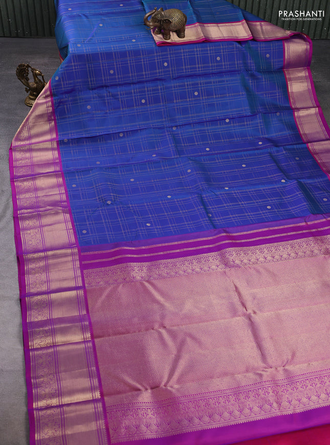 Pure kanchipuram silk saree blue and pink with allover zari checks & buttas and zari woven border