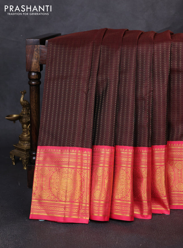 Pure kanchipuram silk saree coffee brown and peach pink with allover zari checks & buttas and long zari woven korvai border